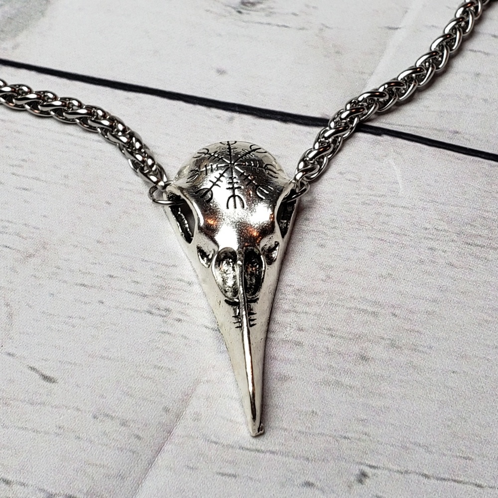 Viking Raven Skull Silver Nordic Vegvisir Necklace